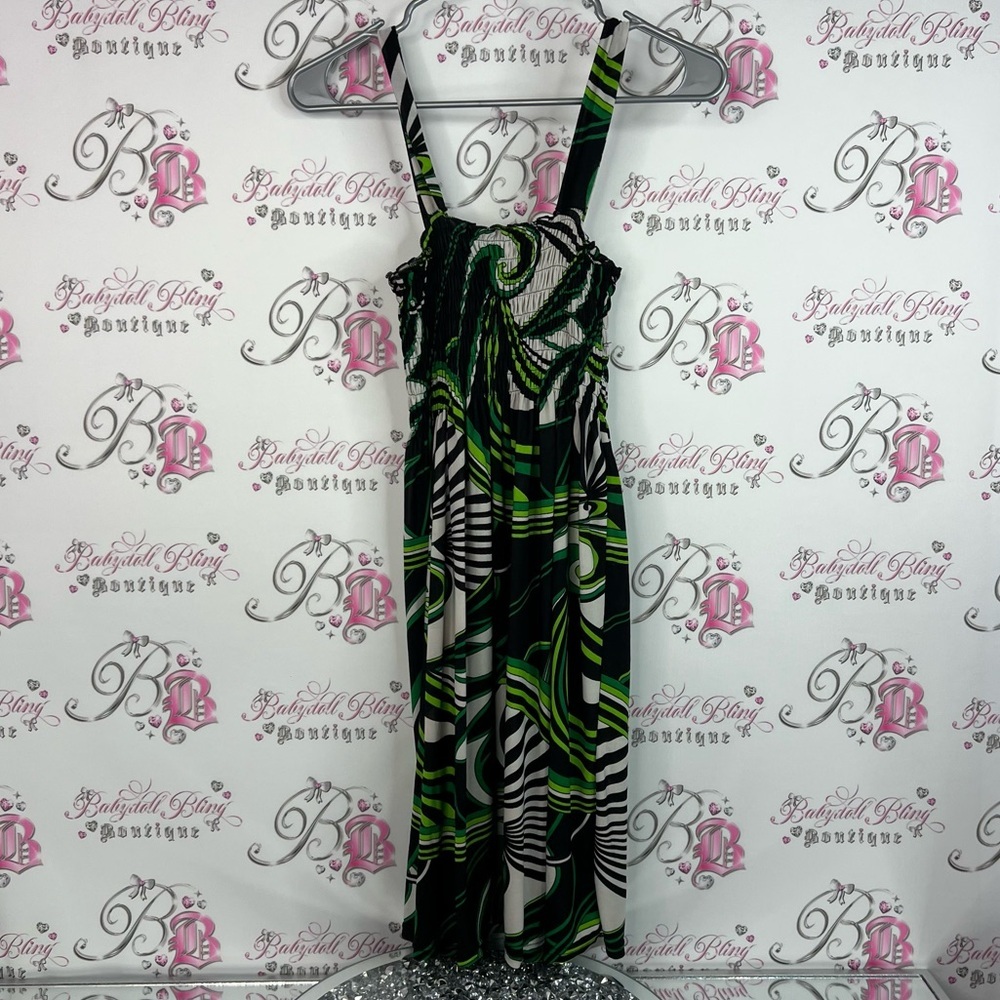 Dress swirls smocked tank style flowy Green and Black Patterned Dress
